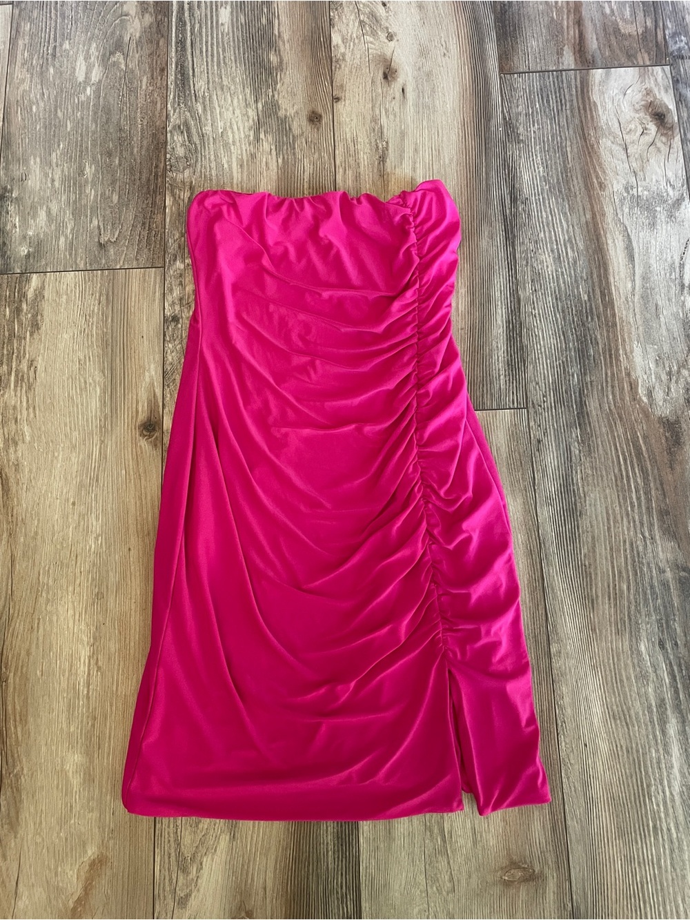 Timing Strapless Ruched Mini Dress in Hot Pink